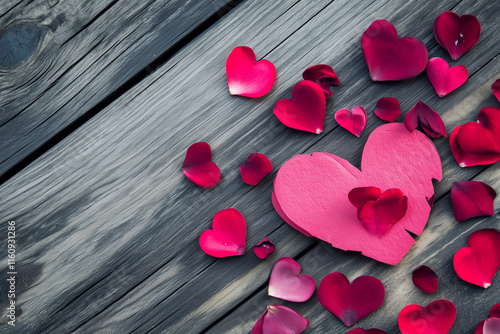 Flat Lay in wooden Background with Pink Rose Petals and Hearts – Romantic Valentine's Day Design