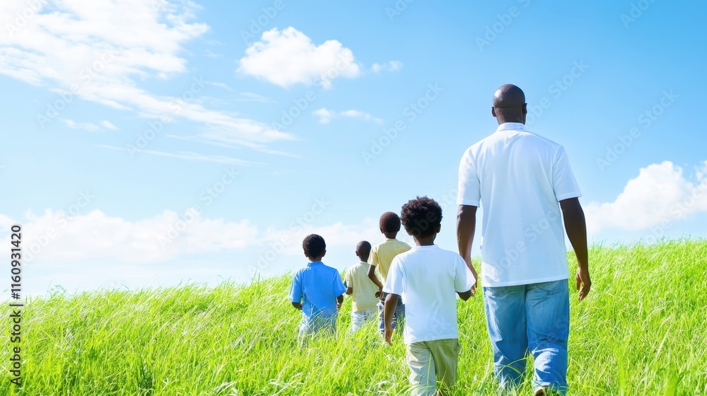 A family walking together through a green grassy field under a bright blue sky, symbolizing unity, togetherness, and nature. A family walking together through a green grassy field under a bright blue sky, symbolizing unity, togetherness, and nature.