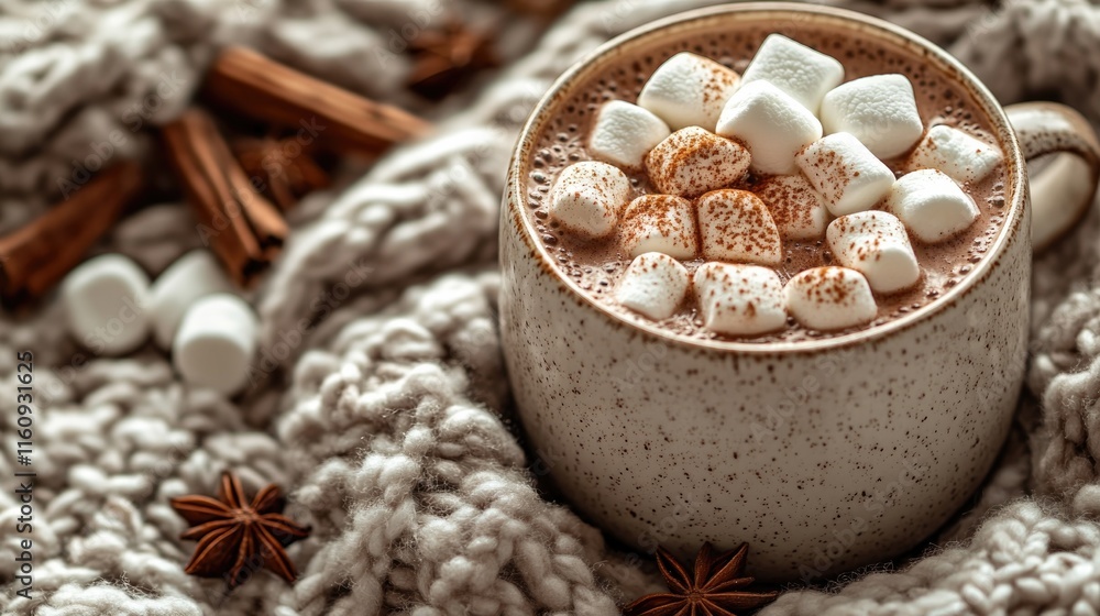 Naklejka premium Warm mug filled with creamy hot chocolate topped with fluffy mar