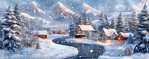 Snowy village nestled in a winter wonderland with snow-covered houses and mountains. photo