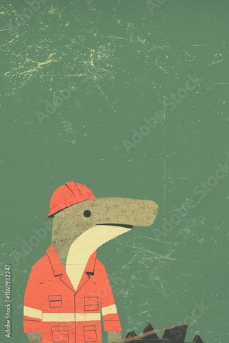 Cartoon Hammerhead Shark Character in Construction Worker Uniform with Tools and Hard Hat on Green Background