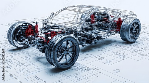 Detailed technical blueprint of automotive chassis featuring mechanical components, suspension system, and drivetrain layout in orthographic projection with wireframe design elements. photo