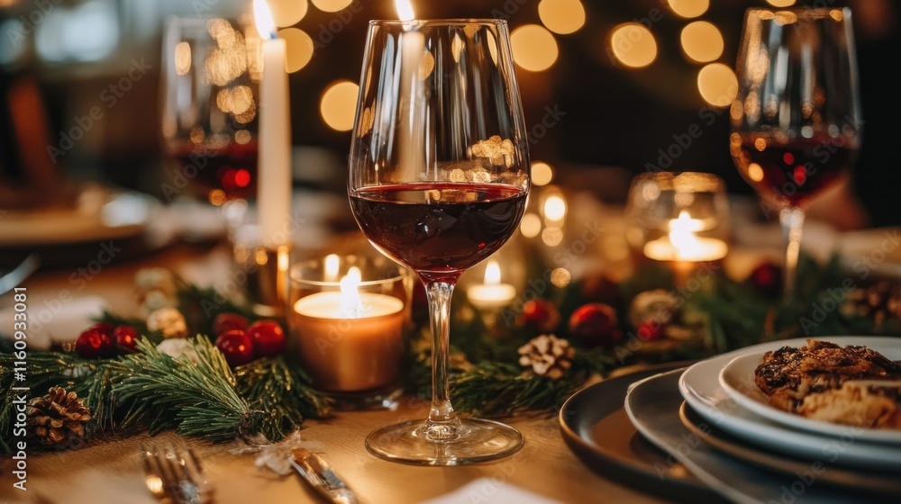 Obraz premium Festive Christmas dinner table setting with red wine, candles, and evergreen decorations.