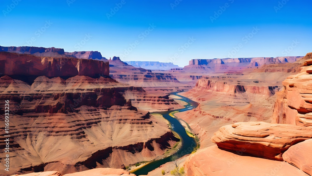 Panoramic view of a vast canyon with a winding river, showcasing rugged cliffs and a clear blue sky. Panoramic view of a vast canyon with a winding river, showcasing rugged cliffs and a clear blue sky.