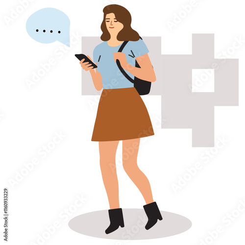 vector of a woman carrying a bag while holding a cellphone