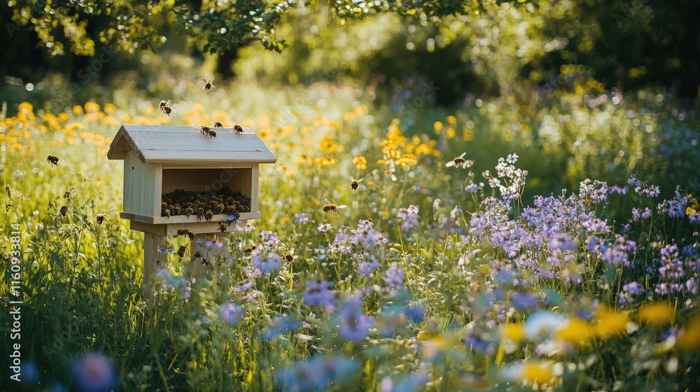 A charming bee house surrounded by vibrant wildflowers in a sunny meadow, perfect for nature lovers and bee enthusiasts. A charming bee house surrounded by vibrant wildflowers in a sunny meadow, perfect for nature lovers and bee enthusiasts.