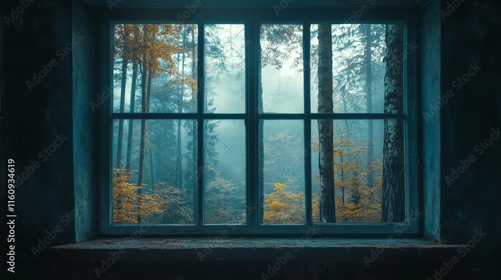 Rustic Window Framing Birch Forest Scene Rustic Window Framing Birch Forest Scene