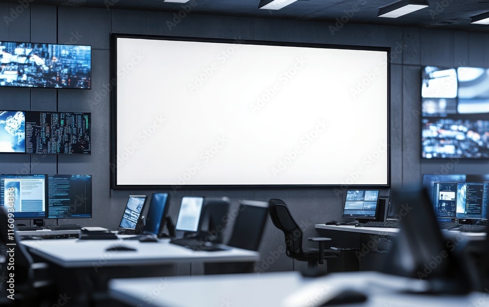 Blank poster framed in matte black, positioned in a modern newsroom with multiple computers displaying live social media feeds and live news reports on the monitors Blank poster framed in matte black, positioned in a modern newsroom with multiple computers displaying live social media feeds and live news reports on the monitors