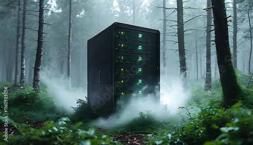 A server in a misty forest, representing data centers and environmental concerns. photo