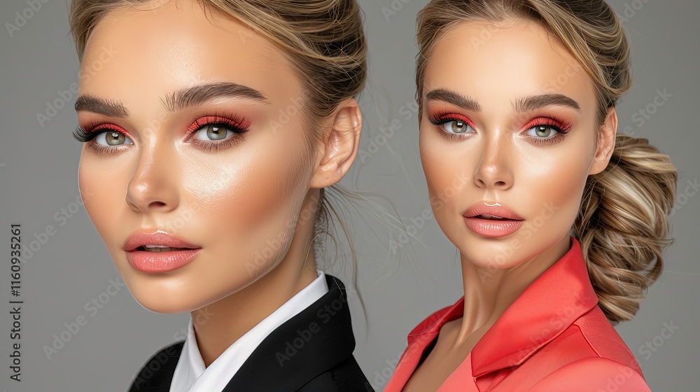 Close-up of a beauty model's face, showcasing makeup artistry and radiant skincare. Close-up of a beauty model's face, showcasing makeup artistry and radiant skincare.
