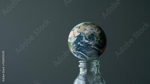 Earth Sphere Balanced on Recycled Glass Bottle: Ultra-Close Macro Capture Showcasing Clarity and Strong Sustainability Message in a Clean Composition with Studio Lighting. photo