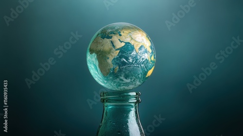 Earth Sphere Balanced on Recycled Glass Bottle: Ultra-Close Macro Capture Showcasing Clarity and Strong Sustainability Message in a Clean Composition with Studio Lighting. photo