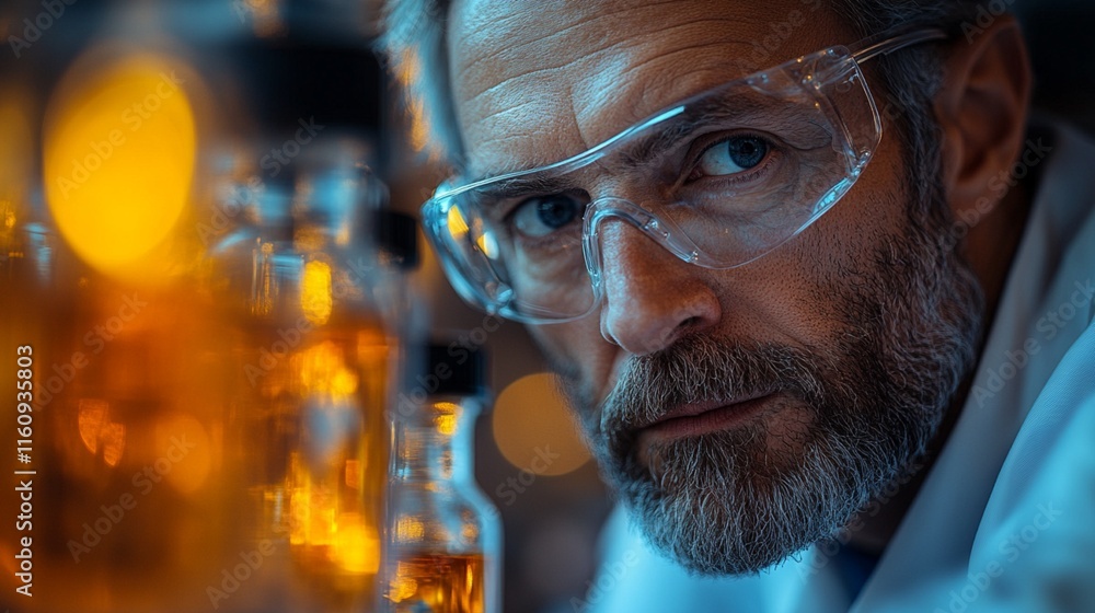 A scientist inspecting a laboratory flask. A scientist inspecting a laboratory flask.