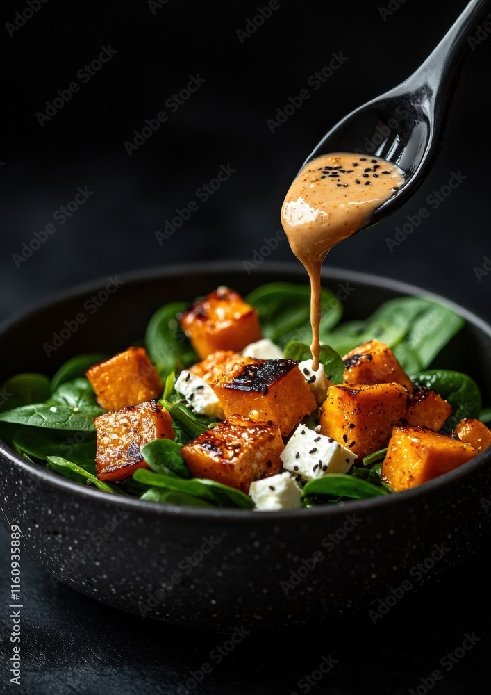 A black bowl filled with a variety of food, including carrots, spinach A black bowl filled with a variety of food, including carrots, spinach