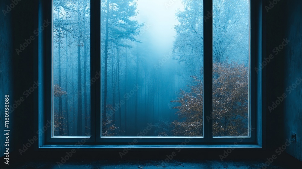 Fototapeta premium Rustic Window Framing Birch Forest Scene