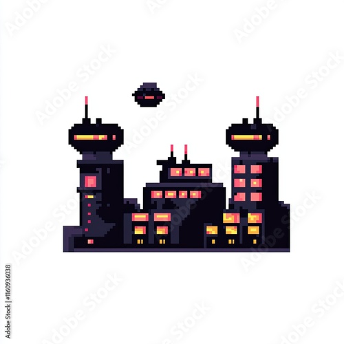 Futuristic Cityscape Pixel Art Night Lights Sci Fi Buildings UFO