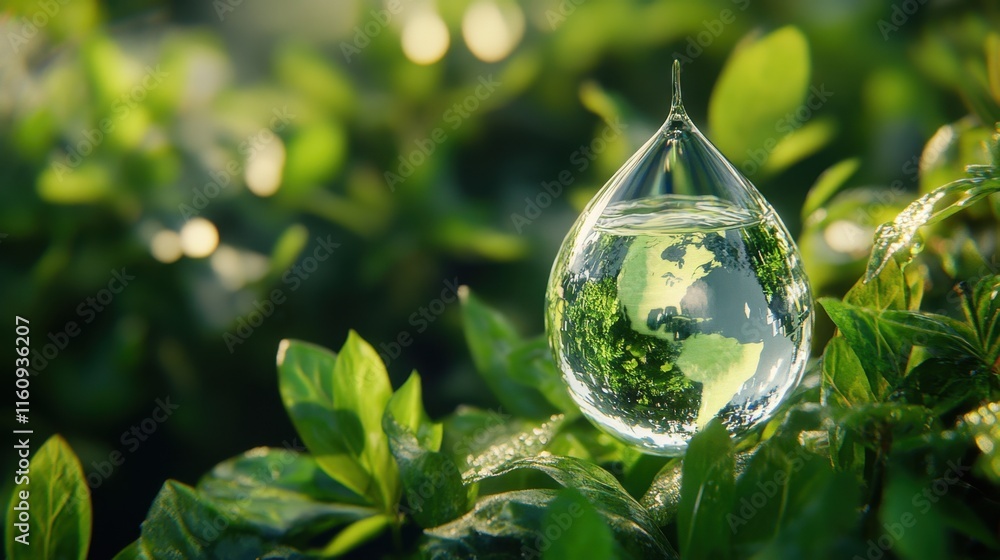 Water Droplet on Green Leaf Reflecting Earth in Nature Scene Water Droplet on Green Leaf Reflecting Earth in Nature Scene