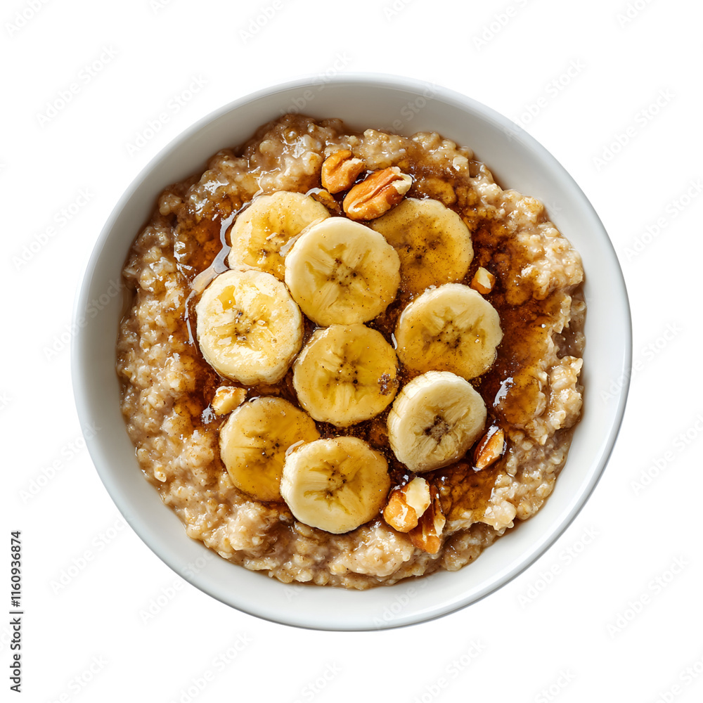 Delicious oatmeal porridge with banana and almonds isolated on transparent background