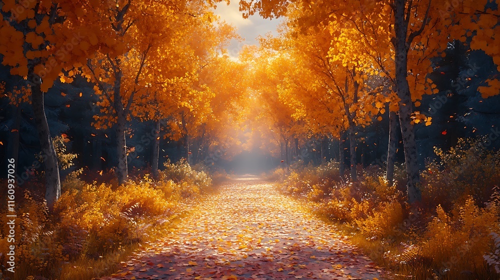 Golden Autumn Pathway Highlighted by Vibrant Trees in Stunning Background