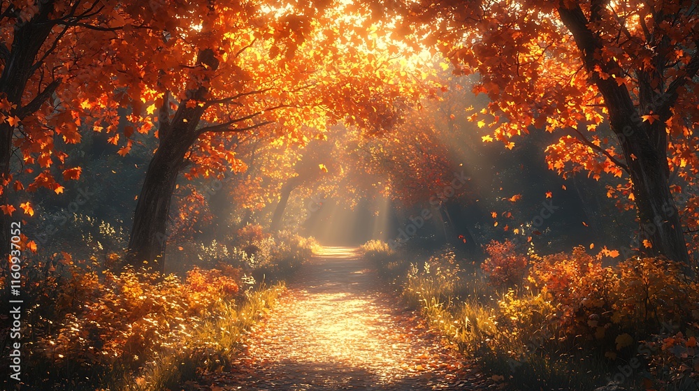 Golden Autumn Pathway Surrounded by Sunlit Trees in Stunning Background Golden Autumn Pathway Surrounded by Sunlit Trees in Stunning Background