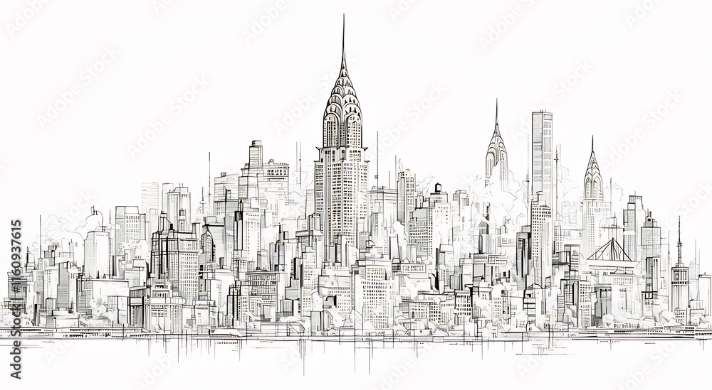 Monochrome sketch of a city skyline, featuring various buildings of different heights and architectural styles. Monochrome sketch of a city skyline, featuring various buildings of different heights and architectural styles.