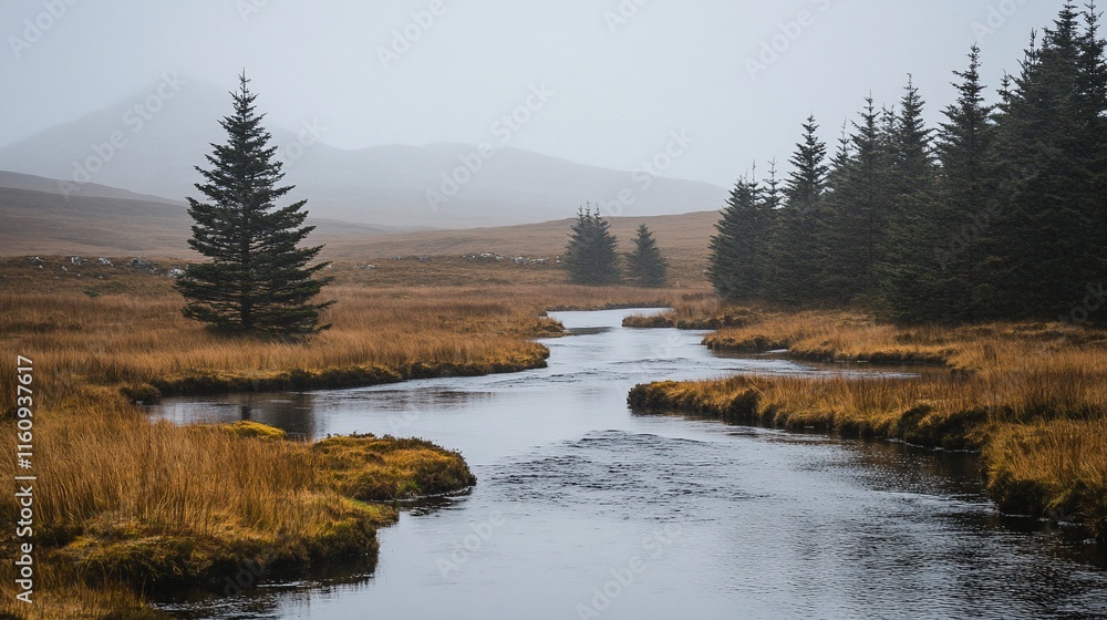 Serene stream flows through misty autumnal landscape. Serene stream flows through misty autumnal landscape.