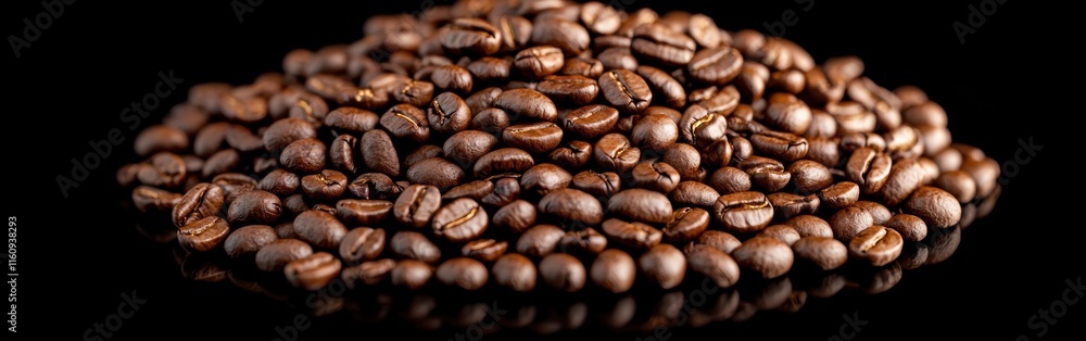 Fototapeta premium Fresh Roasted Coffee Beans on Black Surface for Beverage Background
