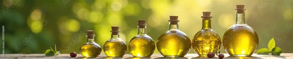 Row of olive oil bottles decreasing in size from top, oasis, calming, minimalism Row of olive oil bottles decreasing in size from top, oasis, calming, minimalism