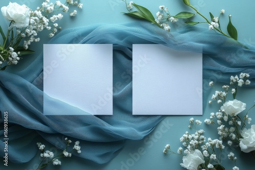 Wallpaper Mural Blank squares surrounded by delicate flowers and soft fabric on a blue background in a serene arrangement for creative inspiration Torontodigital.ca