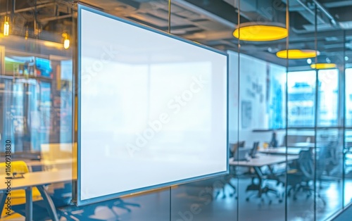 Large blank white poster on a glass wall in a creative media agency, with brainstorming boards and social media monitoring dashboards in the background