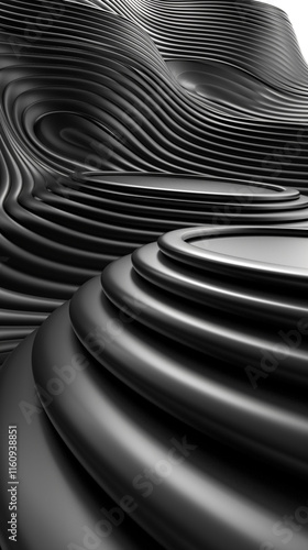 Abstract black and white layered waves with smooth, curved patterns, perfect for backgrounds.