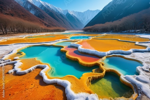 arafly colored water pools in a valley with mountains in the background photo