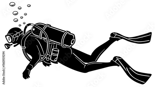 Professional Scuba Diver Silhouette Vector Illustration