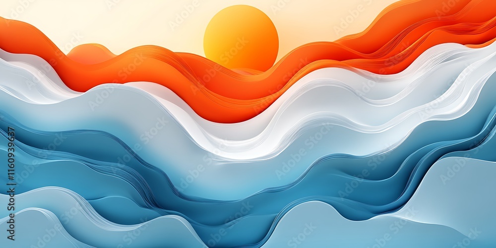 Fototapeta premium Abstract sunset landscape with flowing waves in orange, white, and blue tones.