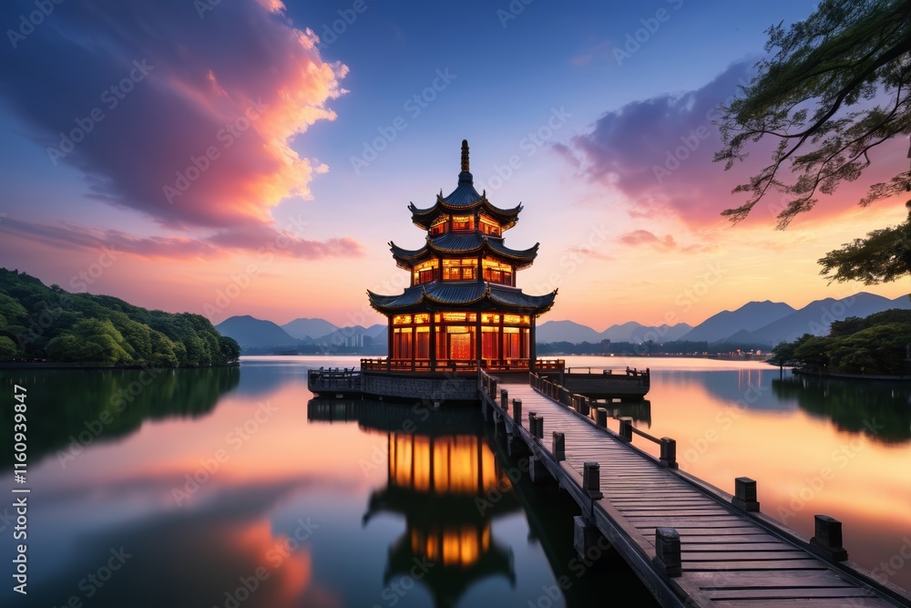 Obraz premium arafed pagoda on a lake with a pier and a beautiful sunset