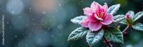 Icy rime frost clings to rhododendron leaves and stems, frozen, leaves