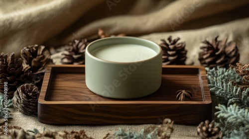 Minimalist Green Candle on Wooden Tray Surrounded by Natural Elements