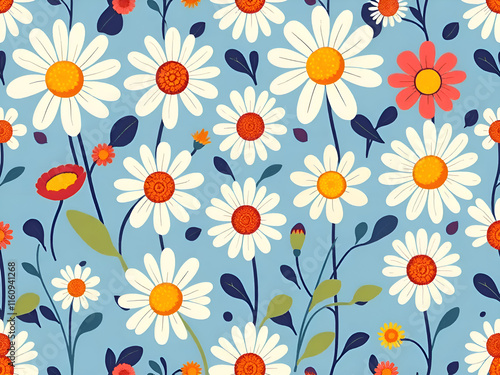 Artistic illustration. Cartoon children's daisy flowers on a blue background