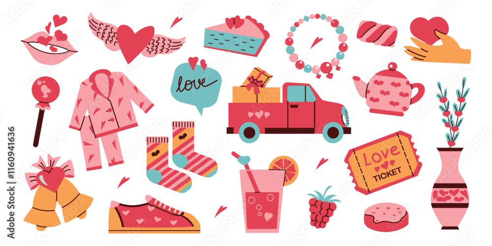 ОсновныValentine's Day elements symbols stickers set collection. Cute sweets and drinks, accessories, clothes, gifts and designsе RGB ОсновныValentine's Day elements symbols stickers set collection. Cute sweets and drinks, accessories, clothes, gifts and designsе RGB