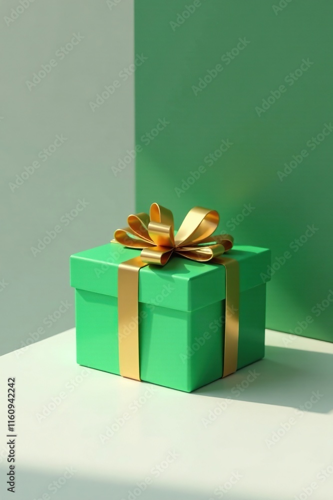 A minimalist green gift box placed on a white surface with a simple golden bow, gift box, packaging A minimalist green gift box placed on a white surface with a simple golden bow, gift box, packaging