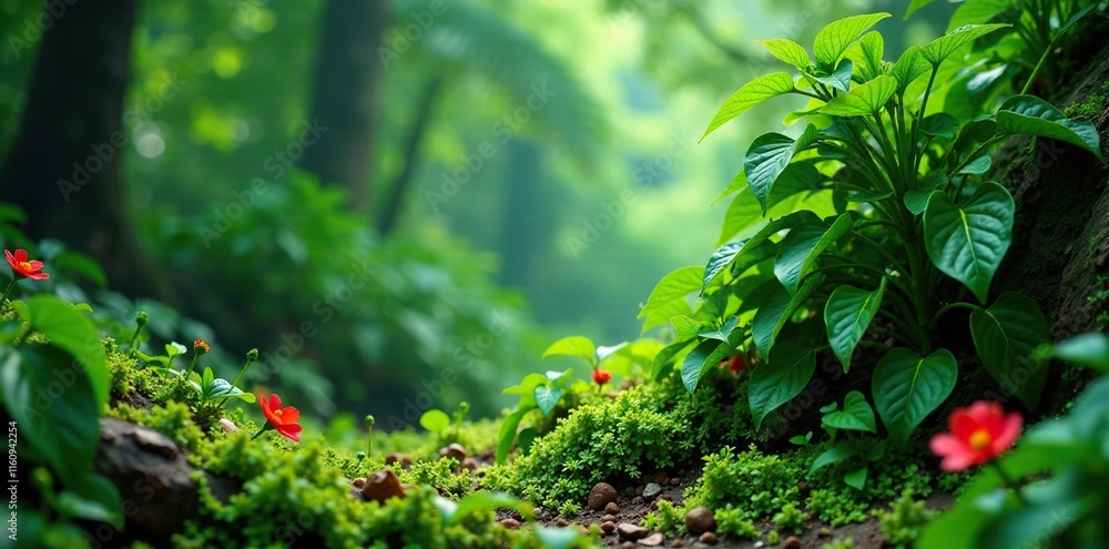A lush carpet of bright green liana ivy covering a sprawling and healthy pepper plant in the jungle, flowers, foliage, liana ivy A lush carpet of bright green liana ivy covering a sprawling and healthy pepper plant in the jungle, flowers, foliage, liana ivy