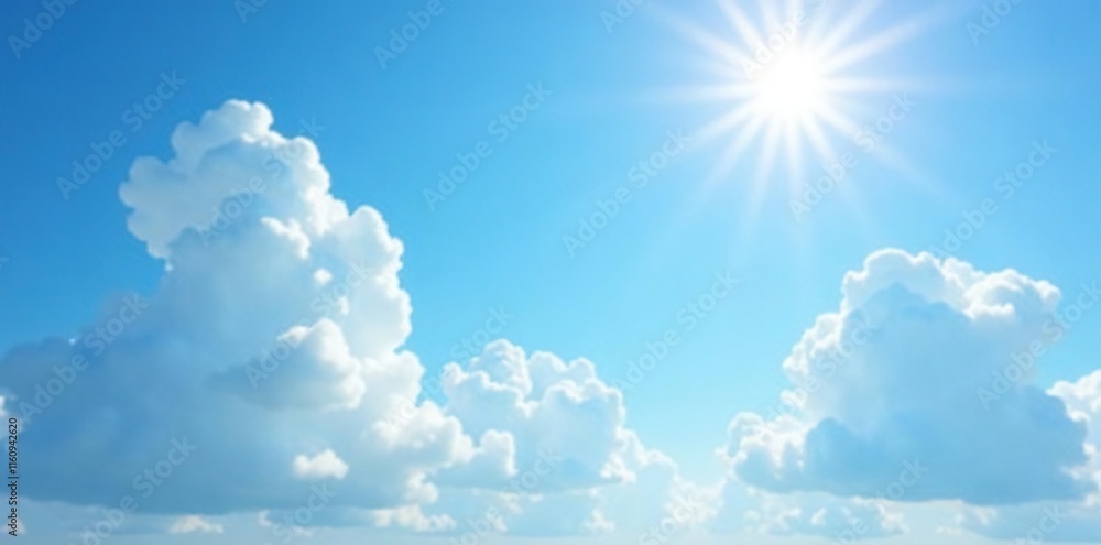 White clouds against a bright blue sky with gentle sunlight filtering through, white clouds, sunny sky, natural scenery White clouds against a bright blue sky with gentle sunlight filtering through, white clouds, sunny sky, natural scenery