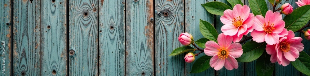 Weathered wooden fence adorned with fresh peach blossoms, flowers, wood Weathered wooden fence adorned with fresh peach blossoms, flowers, wood