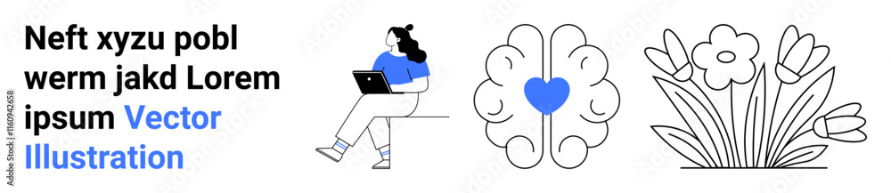 Fototapeta premium Text on left, a woman using a laptop in the center, a brain with a heart symbol, and flowers. Ideal for AI, creativity, mental health, nature, technology, wellness, human connection. Landing page