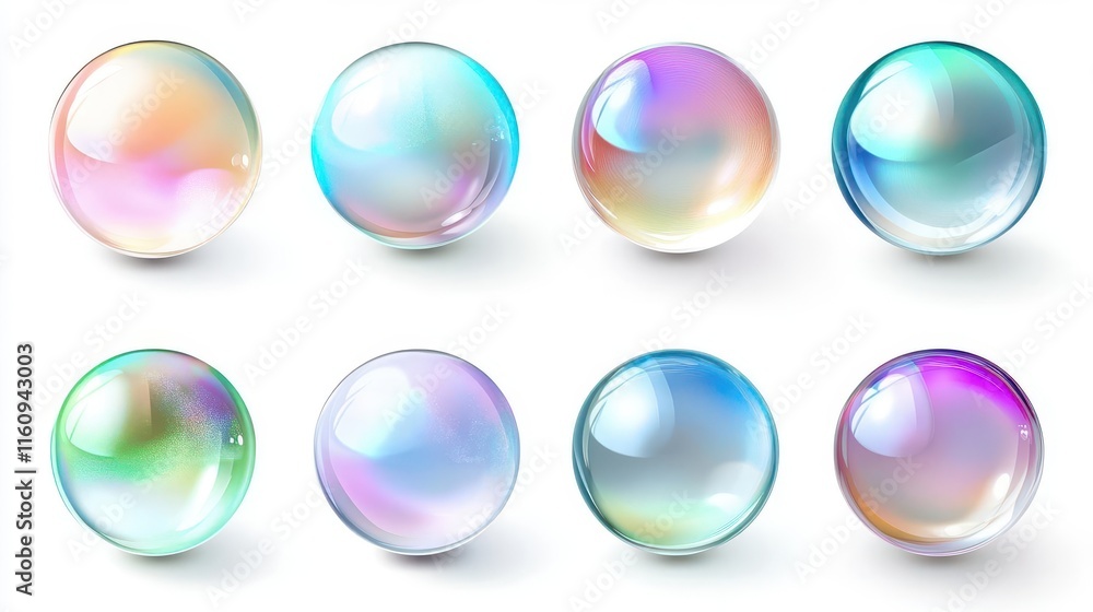 realistic transparent soap bubbles collection with rainbow light reflections and natural shadow effects on clean white background vector
