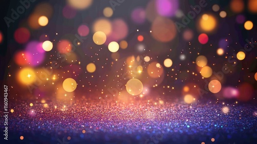 Abstract background with glowing particles and bokeh lights in blue, pink and purple colors, with gold glitter and sparkle design in holiday style, party invitation.