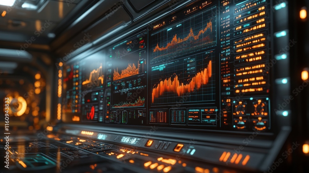 A futuristic control panel displaying data visualizations and graphs. A futuristic control panel displaying data visualizations and graphs.