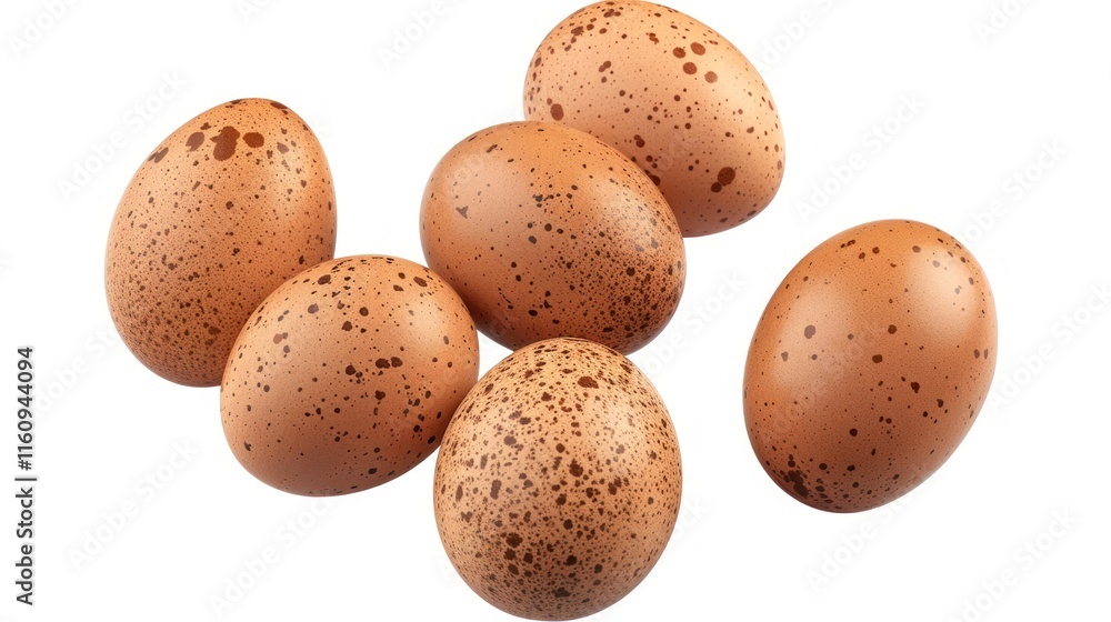 Six speckled brown bird eggs on white. Six speckled brown bird eggs on white.