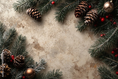 Festive holiday decorations with pinecones and evergreen sprigs on a rustic background