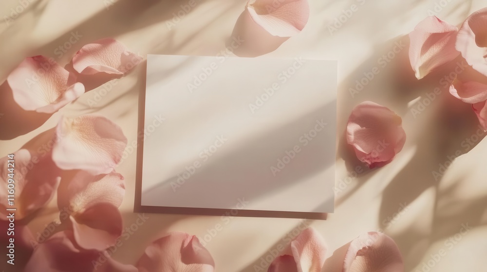 romantic floral wedding invitation mockup with delicate pink rose petals and white blank card on soft blush background with natural light romantic floral wedding invitation mockup with delicate pink rose petals and white blank card on soft blush background with natural light